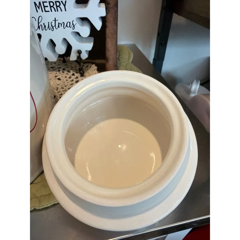HO HO HO Rae Dunn Christmas Ceramic Canister Jar White Red Round With Lid